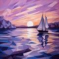 Lavender Cubism Seascape Abstract - Sail Boat At Sunset