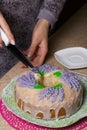 Lavender Cupcake. Sugar coated. Decorated with lavender glaze flowers. A woman cuts a small piece from him