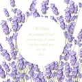 Lavender delicate wreath card. Springtime Summer fresh natural wedding card. Vector illustration