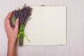 Lavender desk on background top view mock up. Open sketchbook. notebook