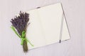 Lavender desk on background top view mock up. Open sketchbook. notebook