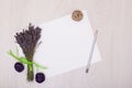 Lavender desk design with flowers on background top view mock up Royalty Free Stock Photo