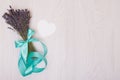 Lavender desk with flowers on background top view mock up.White paper postcard Royalty Free Stock Photo