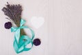 Lavender desk with flowers on background top view mock up.White paper postcard Royalty Free Stock Photo