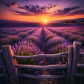 Lavender Dreams: AI Crafted Sunset Over Rustic Fence