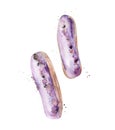 Lavender eclairs. Watercolour sweet cake. Painted minimalist art. Food illustration isolated on white background.