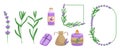 Lavender Elements Set. Soothing And Fragrant Items, Including Essential Oil, Candle, Bath Products, Borders And Decor Royalty Free Stock Photo