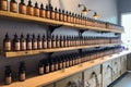 a lavender essence distillery, with the essential oil bottles arranged in order on the shelf AI generated Royalty Free Stock Photo