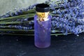 Lavender essential oil in bottle. Organic cosmetics. Royalty Free Stock Photo