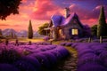 Lavender farm with a beautiful house at sunset. Digital painting, A cozy cottage nestled amidst a field of lavender, AI Generated