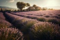 A lavender farm under the blush of the afternoon sun. Capture fields of purple lavender blossoms stretching into the distance