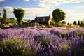 Lavender field in front of a house in the countryside, AI Generated Royalty Free Stock Photo