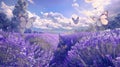 a lavender field in full bloom, adorned with graceful butterflies fluttering among fragrant blossoms, emanating the