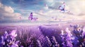 a lavender field in full bloom, adorned with graceful butterflies fluttering among fragrant blossoms, emanating the