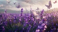 a lavender field in full bloom, adorned with graceful butterflies fluttering among fragrant blossoms, emanating the