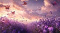 a lavender field in full bloom, adorned with graceful butterflies fluttering among fragrant blossoms, emanating the