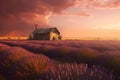 Lavender field and hut during sunset. Generative AI Royalty Free Stock Photo