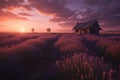 Lavender field and hut during sunset. Generative AI Royalty Free Stock Photo