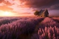 Lavender field and hut during sunset. Generative AI Royalty Free Stock Photo