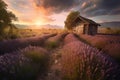 Lavender field and hut during sunset. Generative AI Royalty Free Stock Photo