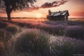 Lavender field and hut during sunset. Generative AI Royalty Free Stock Photo