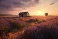 Lavender field and hut during sunset. Generative AI Royalty Free Stock Photo