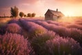 Lavender field and hut during sunset. Generative AI Royalty Free Stock Photo