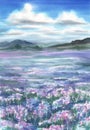 Lavender field landscape watercolor Royalty Free Stock Photo