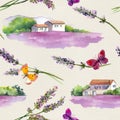 Lavender field, lavender flowers, butterflies with french farmhouse in Provence. Watercolor