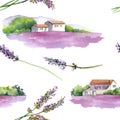 Lavender field, rural provencal house in Provence, France. Vintage seamless pattern.Watercolor