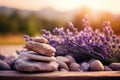 Lavender Field Spa Still Life with Stones and Lavenders on Wooden Desk AI Generated