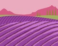 Lavender field. Summer sunset landscape with mountain and trees. Fields of blooming lavender in Provence. Vector Royalty Free Stock Photo