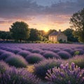 Lavender field at sunset. Beutiful blossoming lavender bushes rows with lonely farm house in the fileds