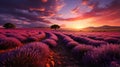 Lavender field sunset and lines. Generative AI Royalty Free Stock Photo