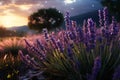 Lavender field sunset and lines Royalty Free Stock Photo