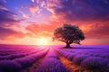 Lavender field at sunset with lonely tree. 3d render, Stunning lavender field landscape at summer sunset with a single tree, AI Royalty Free Stock Photo