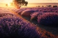 Lavender Field at Sunset, Purple Flowers, Morning Lavender Fields, Abstract Generative AI Illustration