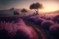 Lavender Field at Sunset, Purple Flowers, Morning Lavender Fields, Abstract Generative AI Illustration