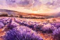 Lavender field watercolor painting. Flower farm at sunset time. Generative AI. Royalty Free Stock Photo