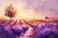 Lavender field watercolor painting. Flower farm at sunset time. Generative AI. Royalty Free Stock Photo