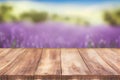 lavender fields farm montage photo with wooden table top Summer flower concept AI Generated