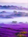 Lavender fields on the hills at the crack of dawn in the haze