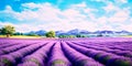 Lavender fields of with rows of fragrant purple blooms.
