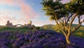 Lavender fields with a solitary tree 3d rendering