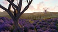 Lavender fields with a solitary tree 3d rendering Royalty Free Stock Photo