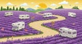 Lavender fields stretch across rolling hills with a winding road traversed by several Royalty Free Stock Photo