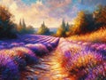 Lavender fields summer landscape in Provence at sunset, oil painting on canvas Royalty Free Stock Photo