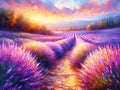 Lavender fields summer landscape in Provence at sunset, oil painting on canvas Royalty Free Stock Photo