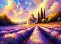 Lavender fields summer landscape in Provence at sunset, oil painting on canvas Royalty Free Stock Photo