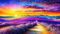 Lavender fields summer landscape in Provence at sunset, oil painting on canvas Royalty Free Stock Photo